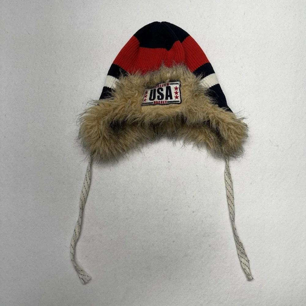Gongshow Hockey USA Trapper Hat Faux Fur Ear Flap Knit Beanie One Size